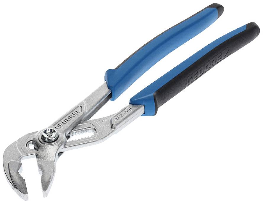Une pince à pompe bleue avec articulation réglable et poignées cannelées, adaptée pour saisir et maintenir des tuyaux et des écrous.