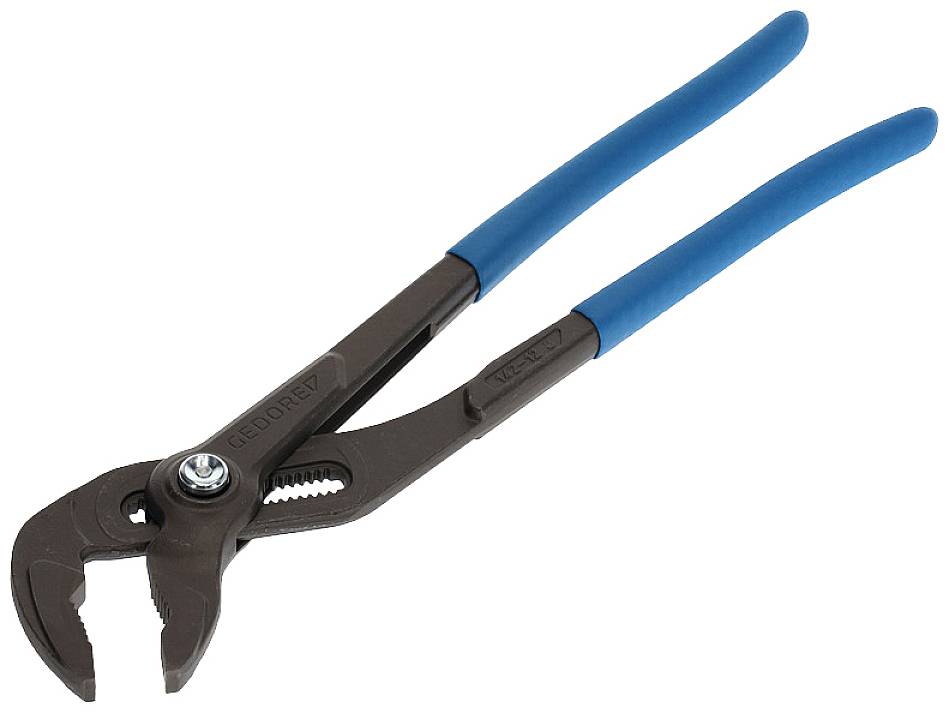 Pince à bec réglable avec poignées bleues, idéale pour les travaux de plomberie et l'installation de tuyaux.
