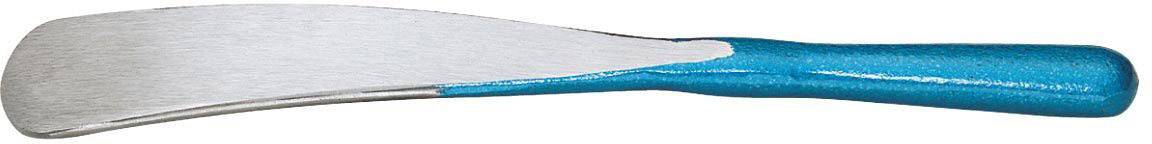 Un chausse-pied incurvé bleu en métal pour faciliter la mise des chaussures.