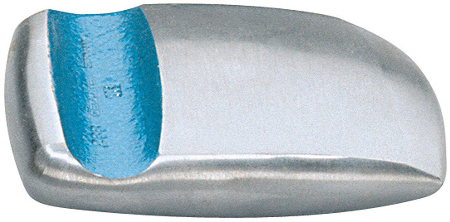 Objet métallique à la forme lisse et arrondie, présentant une cavité bleue.