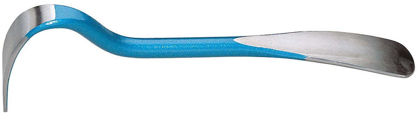 Un pied-de-biche bleu avec une extrémité plate, adapté pour soulever et faire levier sur des matériaux lors de travaux de construction et de rénovation.