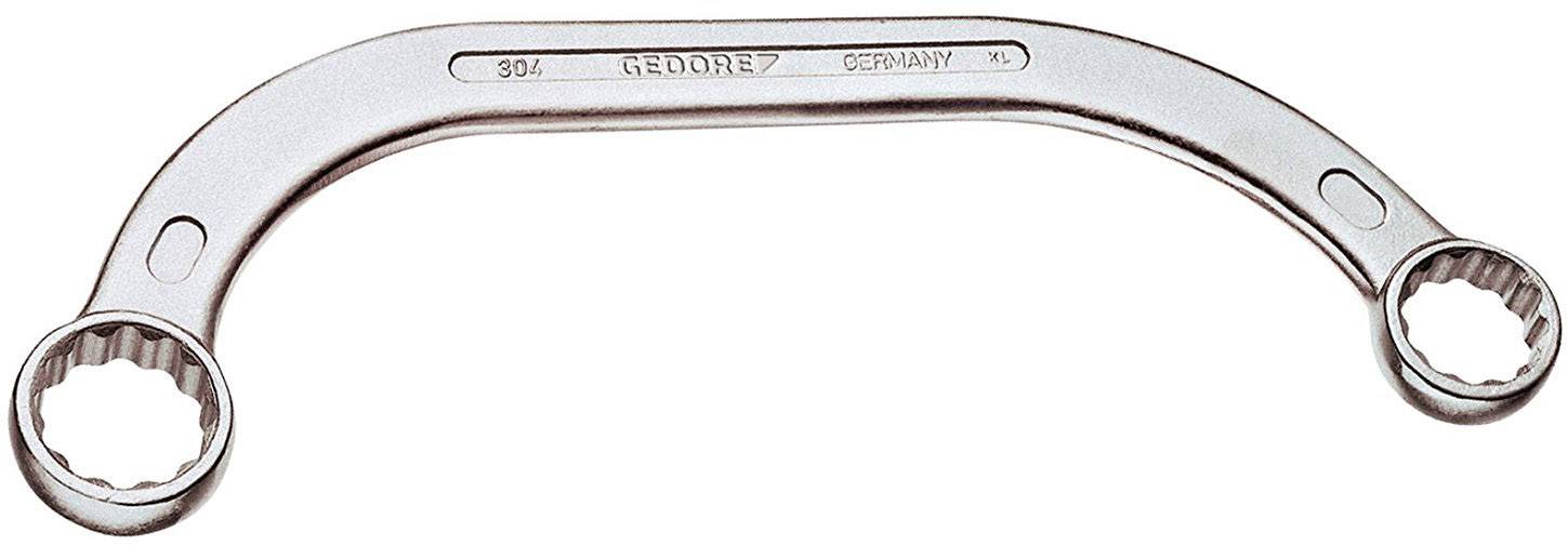 Une clé polygonale brillante à deux embouts, portant l'inscription 'GEDORE'. L'outil est en métal et présente une forme incurvée.