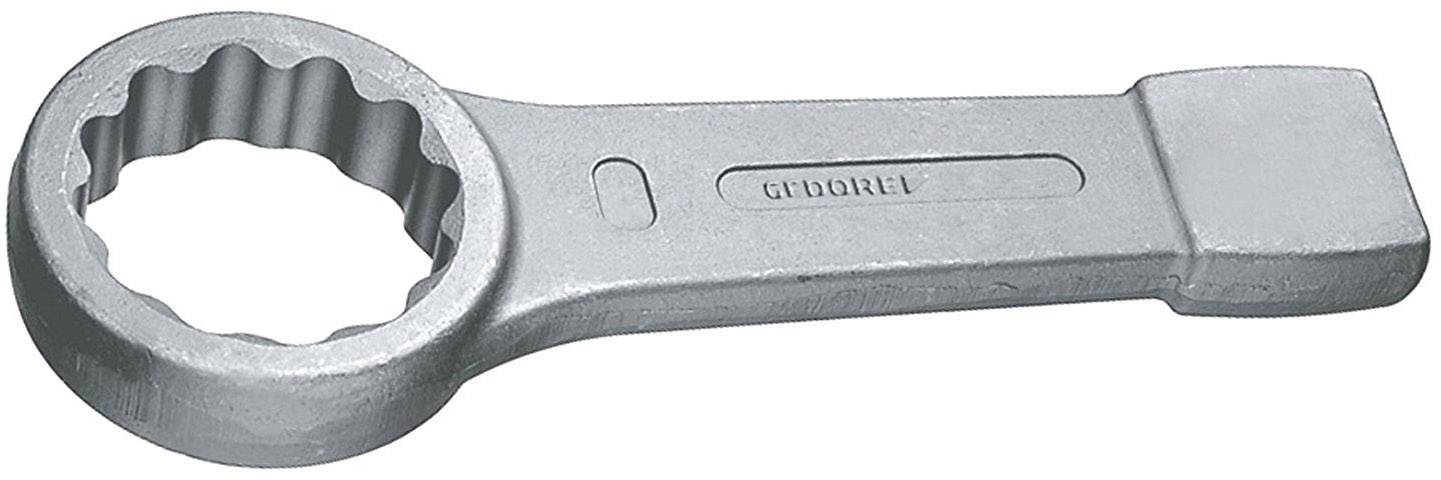 Une clé à molette en argent avec une extrémité en anneau et une poignée plate, adaptée pour serrer ou desserrer des écrous et des boulons.