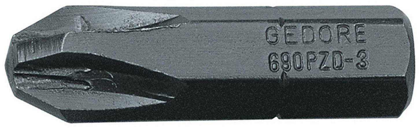 Embout de tournevis, portant l'inscription 'GEDORE 690PZD-3', utilisé pour les tournevis, présentant un bout plat et une base hexagonale.