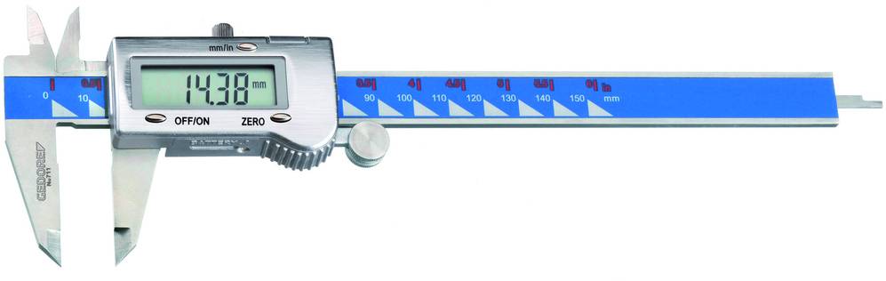 Un pied à coulisse numérique affiche une mesure de 14,38 mm sur un fond bleu.