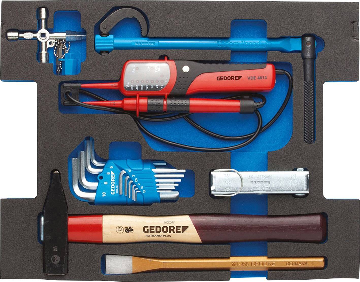 Ensemble d'outils dans une mallette : Marteau, Testeur de tension, Clés à douille, Jeu de clés Allen, Coupe-tube, Tournevis, Cliquet.