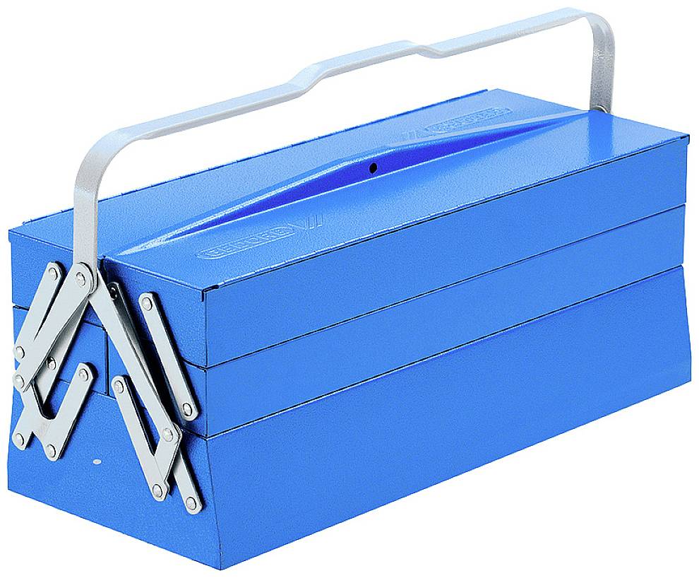 Une boîte à outils en métal bleu clair avec des couvercles rabattables et une poignée de transport, fermée, est posée sur une surface blanche.