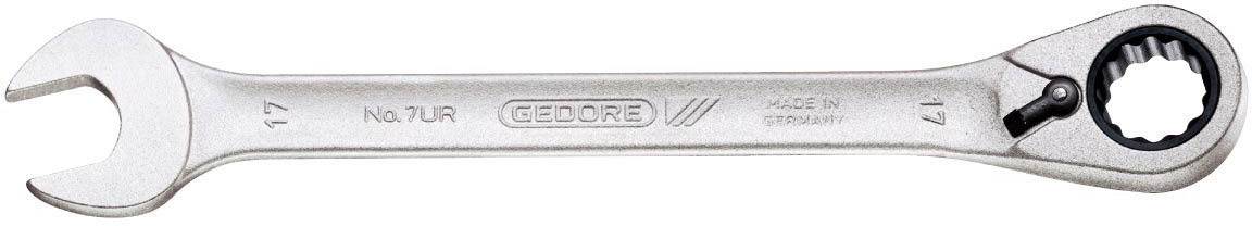 Une clé à fourche à cliquet en argent portant l'inscription 'GEDORE 17', fabriquée en Allemagne.