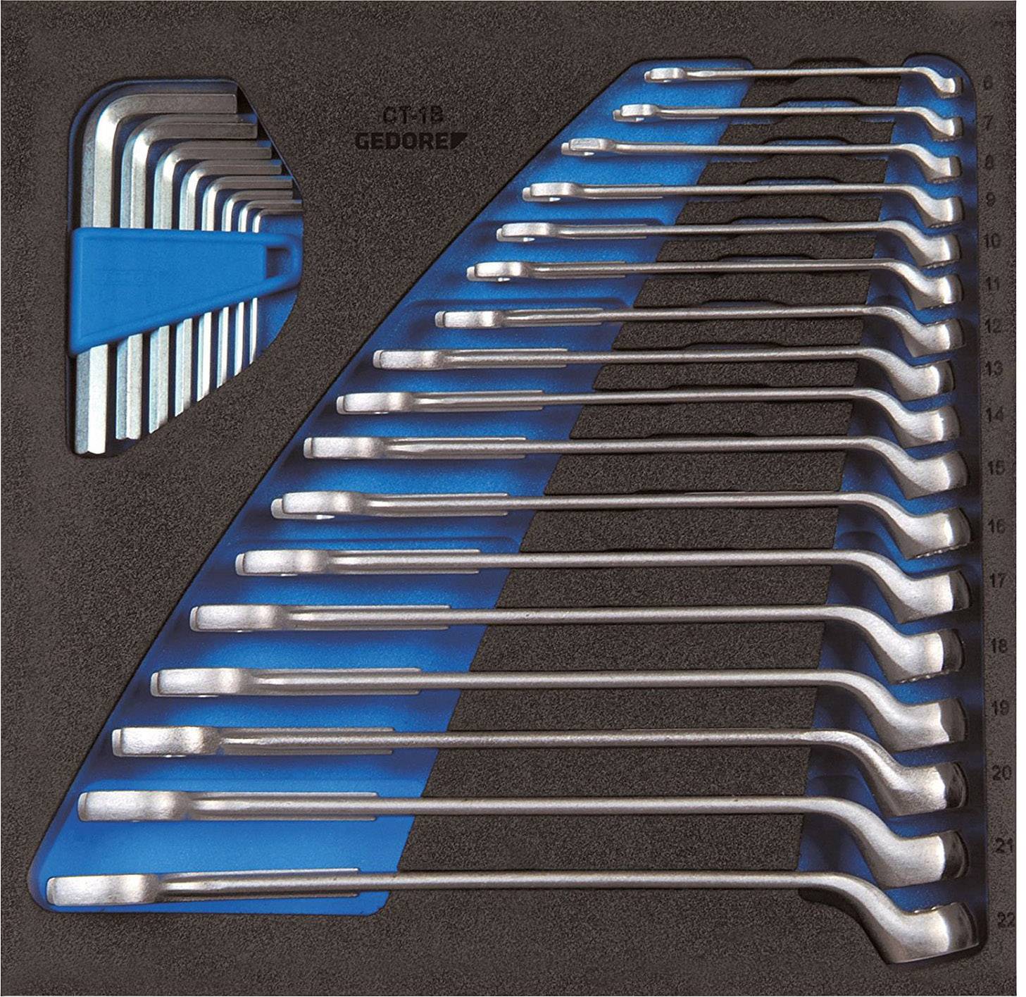 Une série de clés à fourche rangées dans un support bleu moulé. Les clés sont triées par taille et disposées côte à côte.