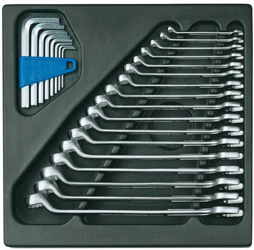 Un ensemble de 12 clés à fourche en argent et 10 clés polygonales dans un support à outils noir, organisé et prêt à l'emploi.