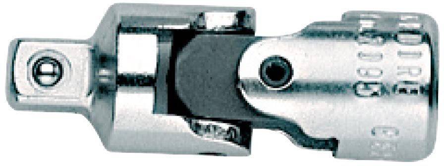 Un joint cardan chromé pour douilles, permettant des mouvements rotatifs selon plusieurs angles.