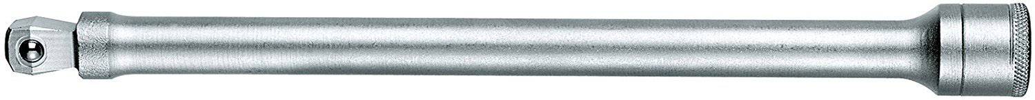 Une tige de rallonge de clé à cliquet en métal argenté, avec un élément de connexion carré à l'extrémité.