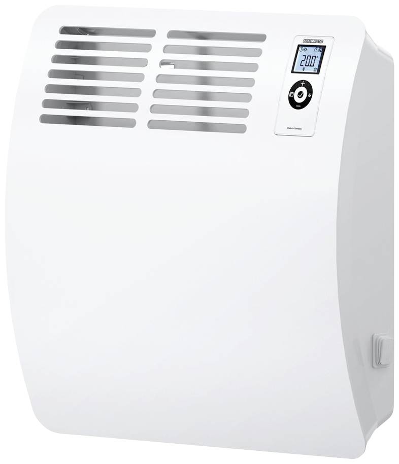 Un radiateur blanc avec un affichage numérique indique 20,0 degrés Celsius. Des fentes de ventilation sont situées en haut, et un élément de commande se trouve sur la droite.