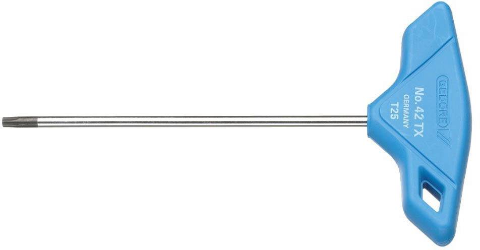 Clé Torx bleue avec poignée en T, portant la désignation 'GEDORE NO.42 TX T25'. La poignée est coudée à gauche et conçue de manière ergonomique.