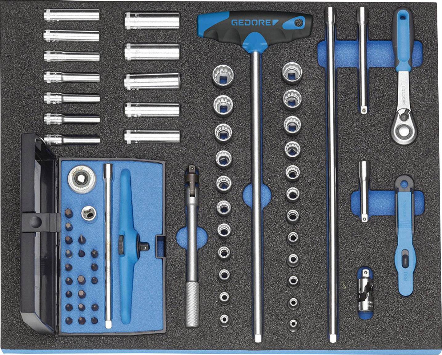 'Ensemble d'outils comprenant différents instruments, notamment des tournevis, des clés à douille et des embouts, soigneusement rangés dans un insert en mousse.'