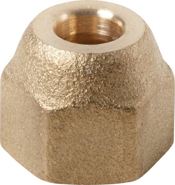 Écrou hexagonal en laiton à surface rainurée et alésage fileté central, adapté aux applications de fixation dans des domaines techniques.