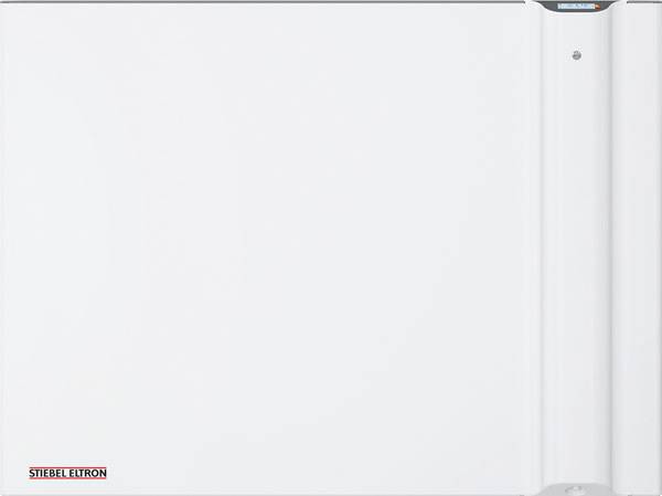 Radiateur mural blanc de Stiebel Eltron, de forme rectangulaire, avec une fente horizontale et un logo discret en bas à gauche.