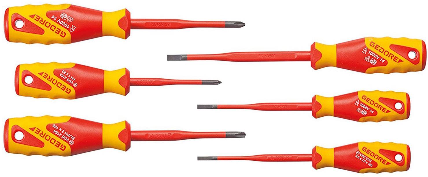 Six tournevis isolés, chacun rouge et jaune, avec différentes formes et tailles de lame, sur un fond blanc.