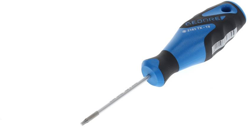 Tournevis bleu et noir avec poignée ergonomique. Adapté pour les vis Torx, taille T8. Nom de la marque sur la poignée.