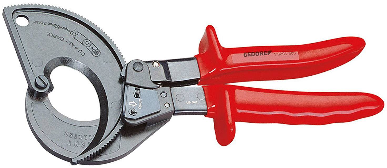 Un coupe-câbles avec des poignées rouges et une lame dentelée pour couper les câbles épais. Spécification de l'outil gravée sur la lame.