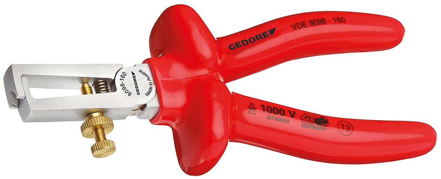 Pince à dénuder avec poignée rouge, adaptée aux travaux jusqu'à 1000 V. Marquée 'GEDORE', avec vis de réglage pour le dénudage des câbles.