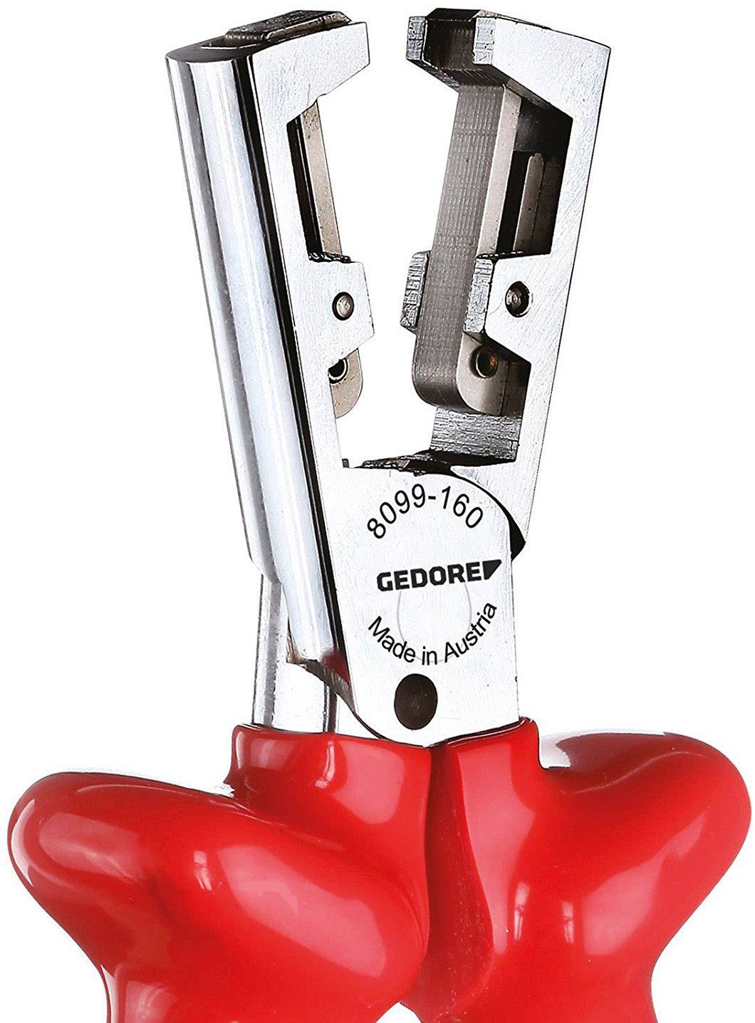 Pince à dénuder rouge avec mécanisme argenté, fabriquée par Gedore en Autriche, numéro de modèle 8099-160.