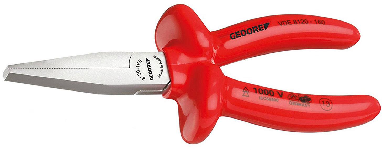 Pince multiprise rouge avec poignées isolées, marquée 'GEDORE' et '1000V', adaptée aux travaux électriques jusqu'à 1000 volts.