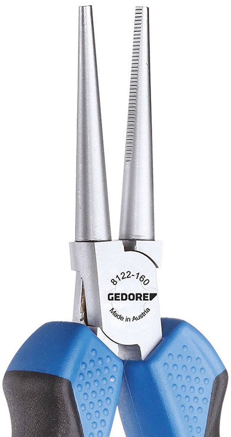 Pince avec poignées bleues et deux pointes longues et étroites. Inscription 'Gedore' et 'Made in Austria'.