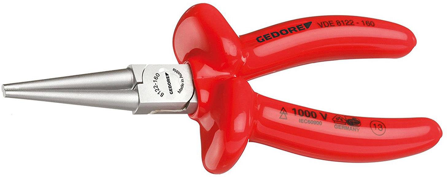 Pince à dénuder rouge à long mors pointu, adaptée aux travaux sous tension jusqu'à 1000 V, marque 'Gedore'.