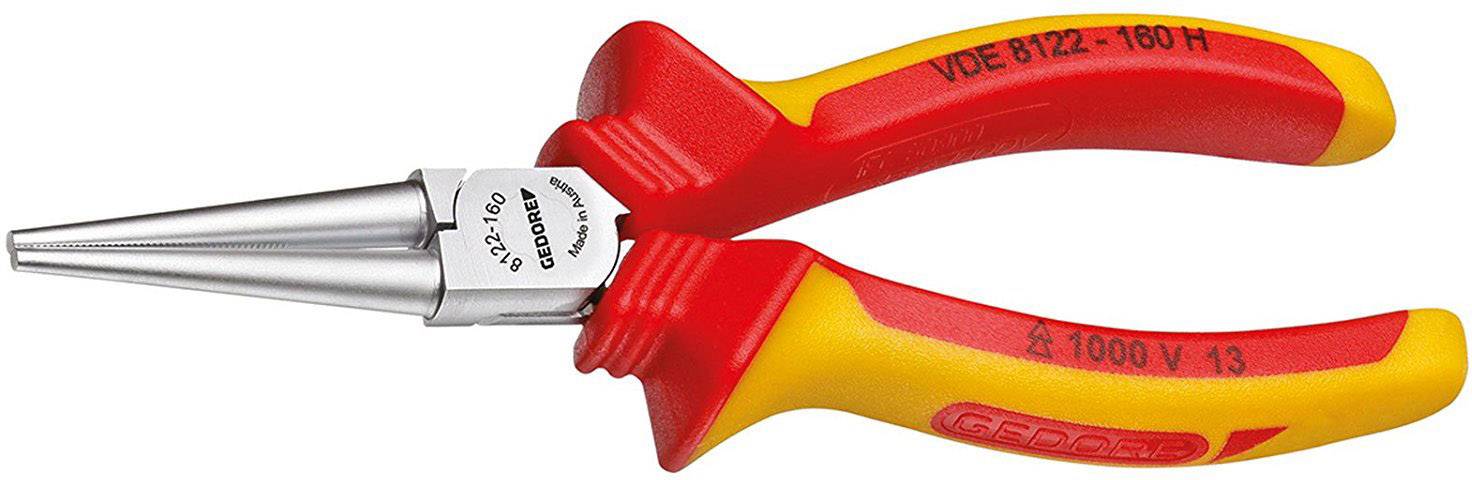 Une pince coupante pointue de Gedore, certifiée VDE, en rouge et jaune, adaptée aux travaux sous tension jusqu'à 1000 volts, sur fond blanc.