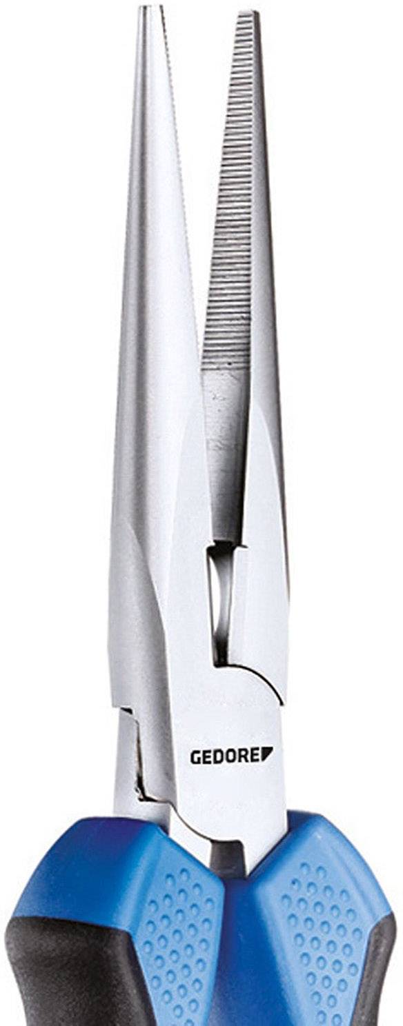 Pince coupante à long bec avec manche bleu-noir, marque 'Gedore', pointe finement striée pour une préhension précise de petits objets.