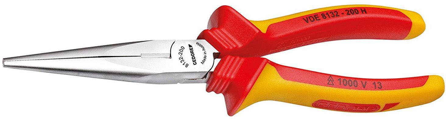 Une pince coupante à bec pointu rouge et jaune avec des poignées isolées, adaptée aux travaux électriques.