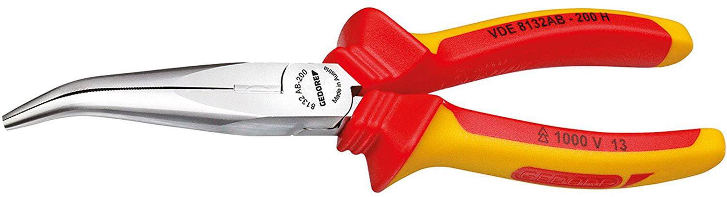 Une pince coupante à bec pointu rouge et jaune avec des poignées isolantes, convenant aux travaux jusqu'à 1000 V.