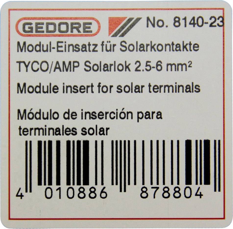 Étiquette avec informations sur le produit : 'GEDORE No. 8140-23 Module d'insertion pour contacts solaires', en allemand, anglais et espagnol. Code-barres en bas.