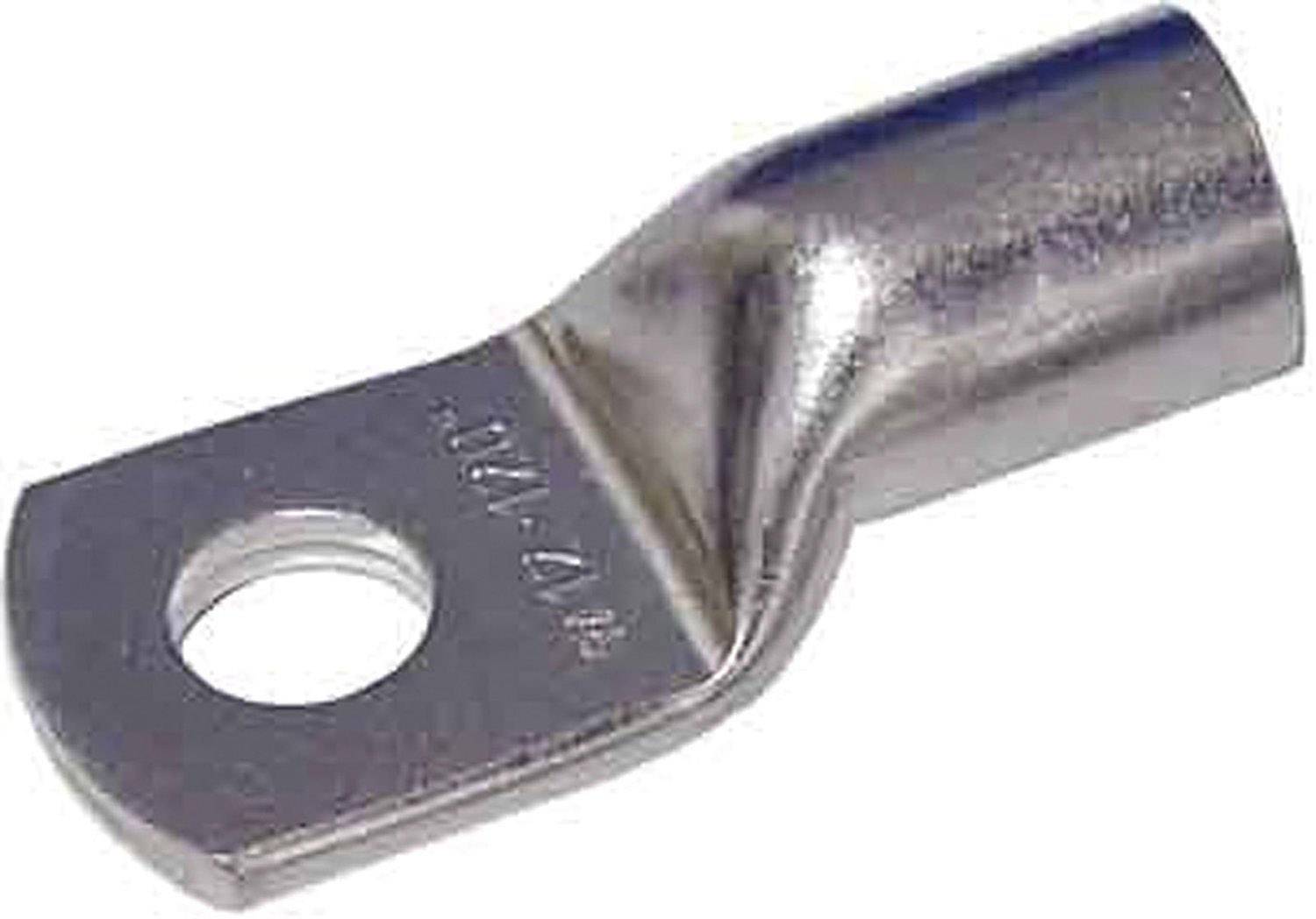 Un cosses de câble en argent avec un trou de fixation et une forme incurvée, adapté aux connexions électriques.