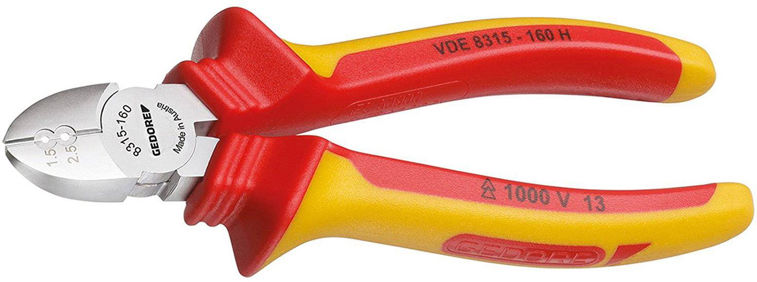Seitenschneider, rot-gelbes Design, mit Isolierung für elektrische Arbeiten, gekennzeichnet als 'VDE 8315-160 H', bis 1000V.