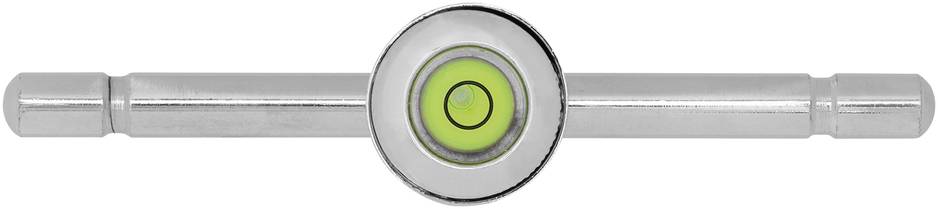 Un niveau à bulle avec une bulle centrale, ronde, sur une tige argentée indique un alignement horizontal précis.