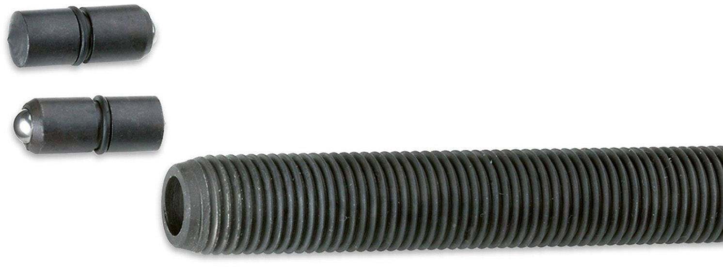 Un grand tuyau noir cannelé avec deux petites pièces de bout similaires illustré en haut à gauche. Adapté pour la construction mécanique.