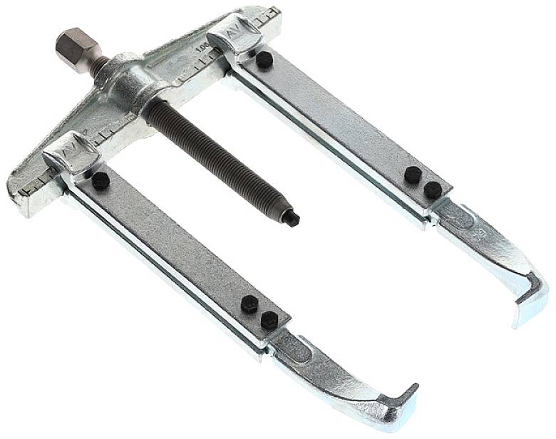 Extracteur à deux griffes en métal, avec vis centrale. Utilisé pour desserrer des pièces solidement fixées comme des engrenages ou des roulements.