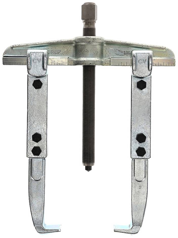 Extracteur à deux griffes en métal avec vis centrale. Utilisé pour démonter des pièces solidaires telles que des poulies ou des roulements sur un arbre.