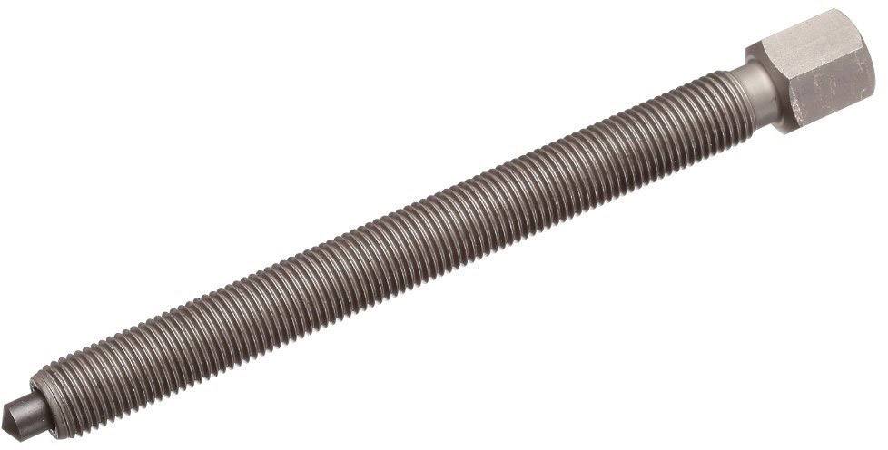 Vis longue et fine avec filetage sur toute sa longueur et tête hexagonale à l'extrémité supérieure. Couleur gris-argent.