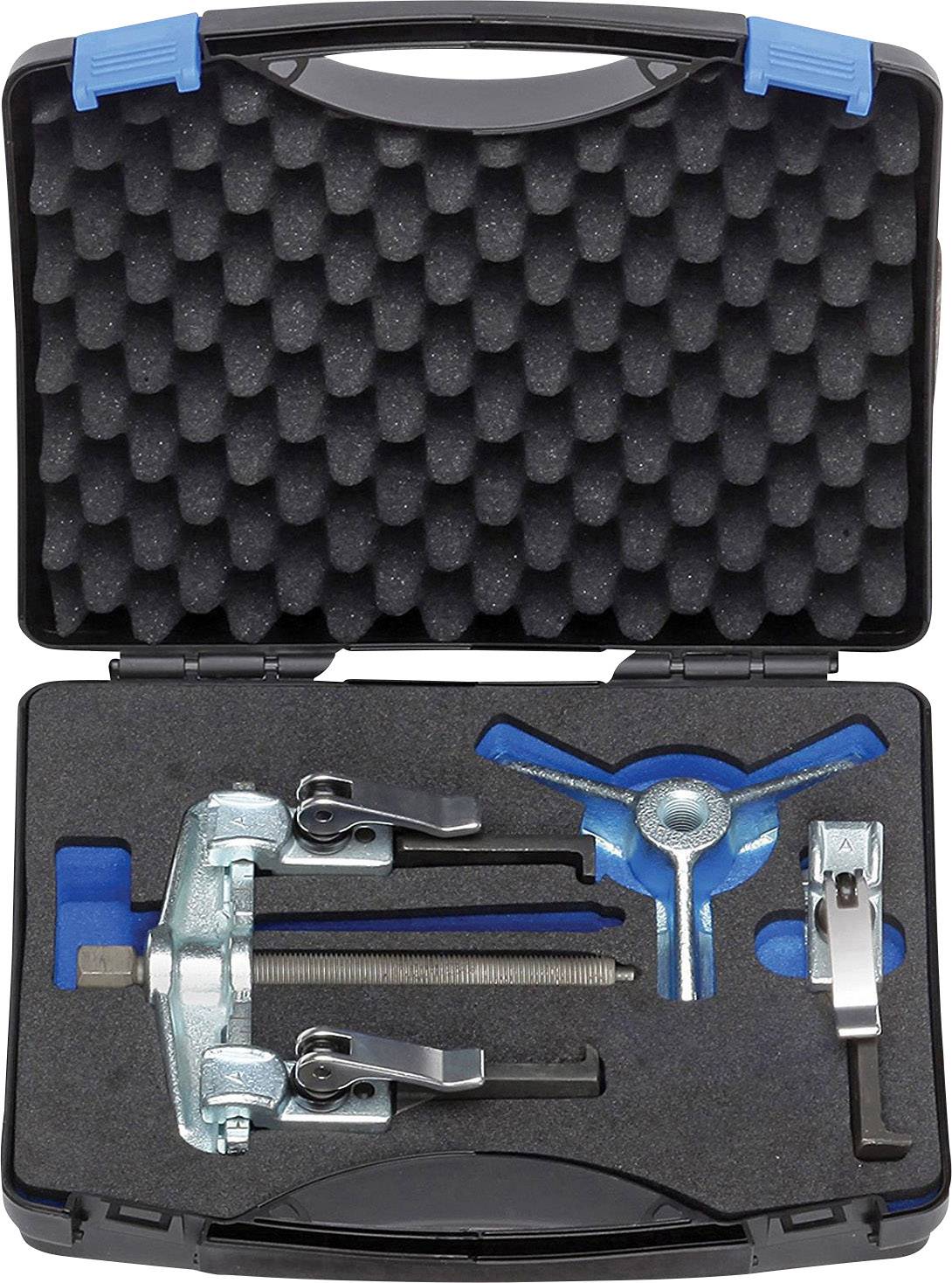 Une mallette à outils noire ouverte avec un intérieur en mousse. Elle contient divers outils comme des extracteurs avec des composants métalliques bleus et argentés.