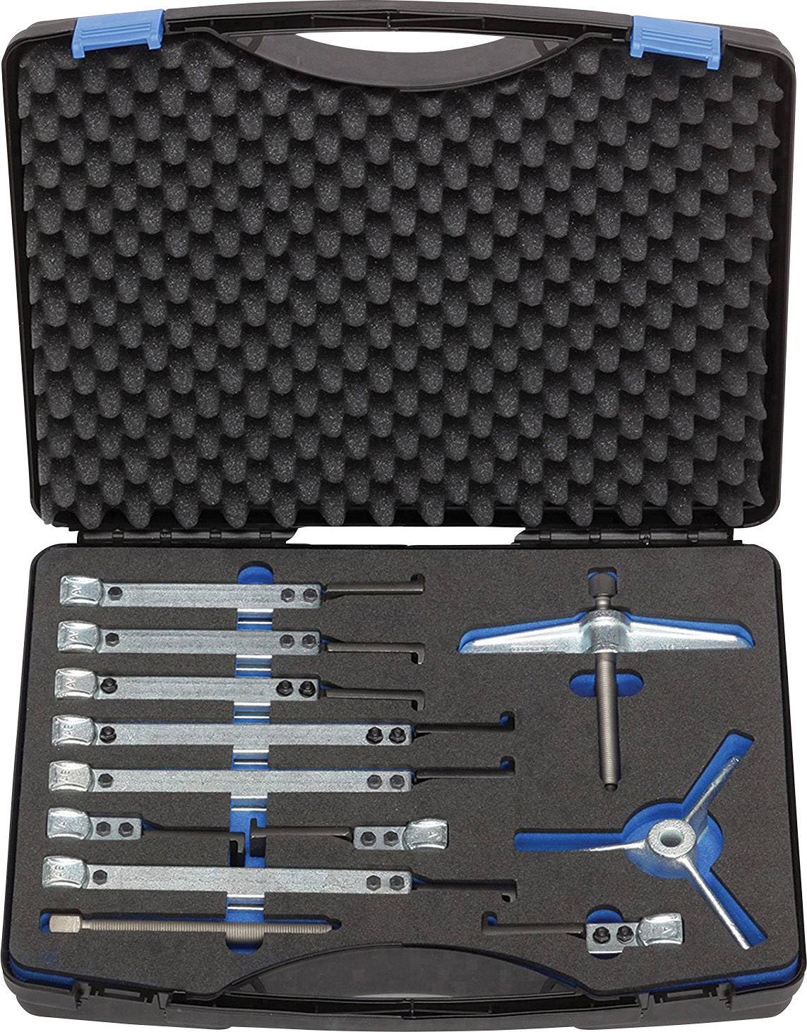 Une mallette à outils ouverte contenant plusieurs outils métalliques gris clair avec une poignée bleue, disposés sur un support en mousse, prêts à être utilisés.