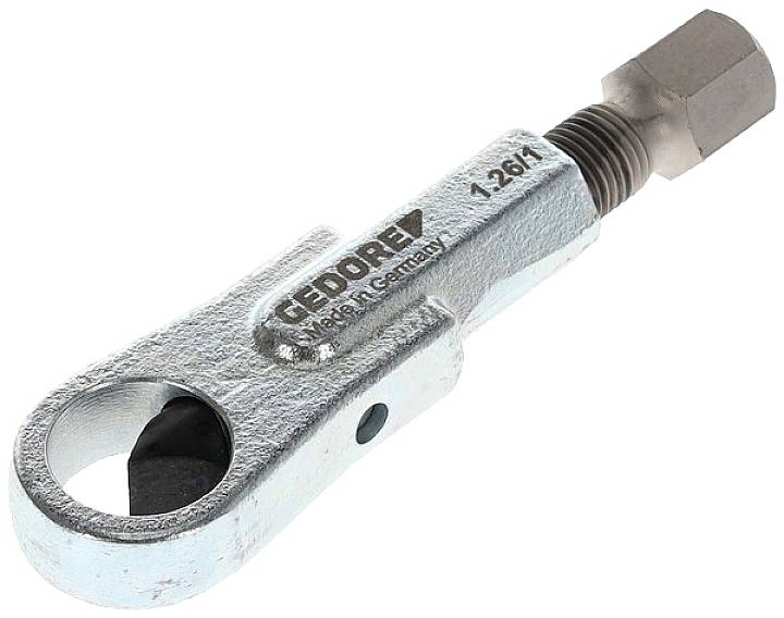 Un coupe-tube en argent avec une tête de coupe pivotante et une vis de serrage, utilisé pour couper des tuyaux.