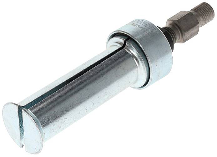 Un outil cylindrique en métal avec une fente, une vis filetée et un dessus cannelé pour la fixation ou l'ajustement de pièces mécaniques.