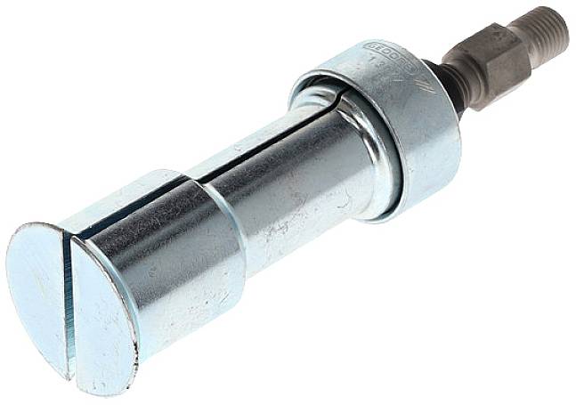Outil métallique avec une partie centrale cylindrique, une tête fendue et un boulon à l'extrémité, sur un fond blanc.