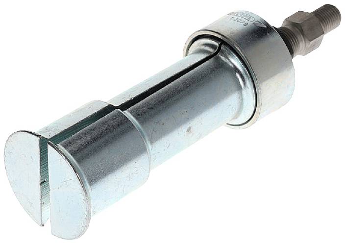 Outil métallique fileté avec un corps cylindrique, entaillé sur le côté. Probablement un élément d'un kit de réparation.
