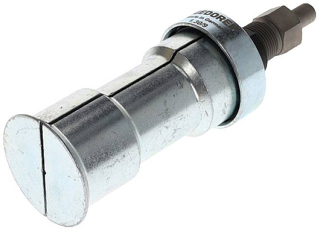 Un outil en métal argenté, probablement un décapsuleur, de forme cylindrique et semblant ajustable à une extrémité.