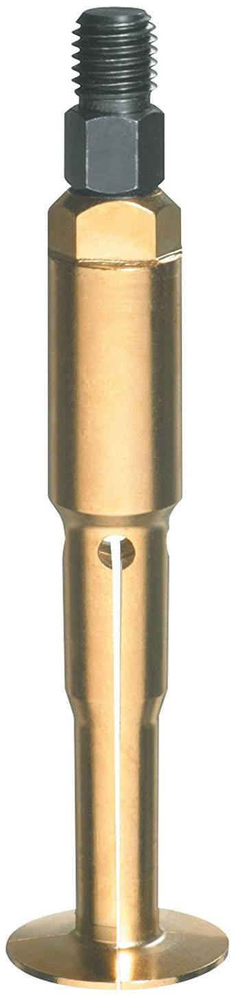 Un boulon doré avec une partie filetée noire et un corps cylindrique au milieu, probablement un composant technique.