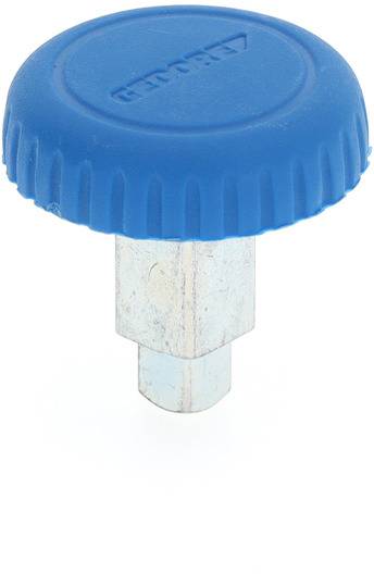Une poignée bleue avec une tête en plastique ronde et une tige métallique hexagonale.